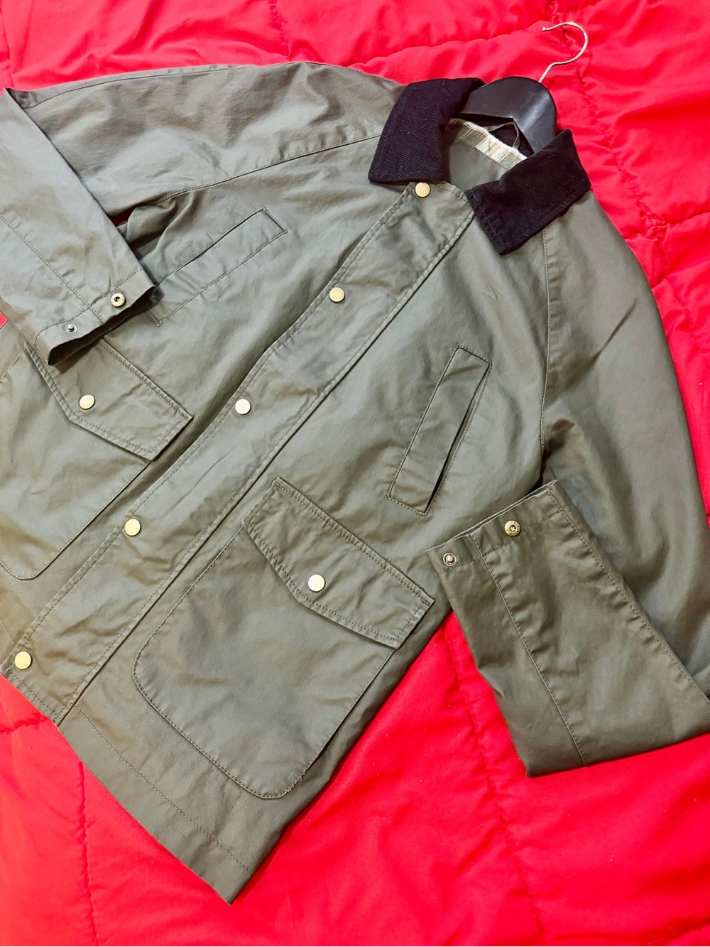 Men's Olive Green Field Jacket with Contrast Collar - Picture 2 of 6